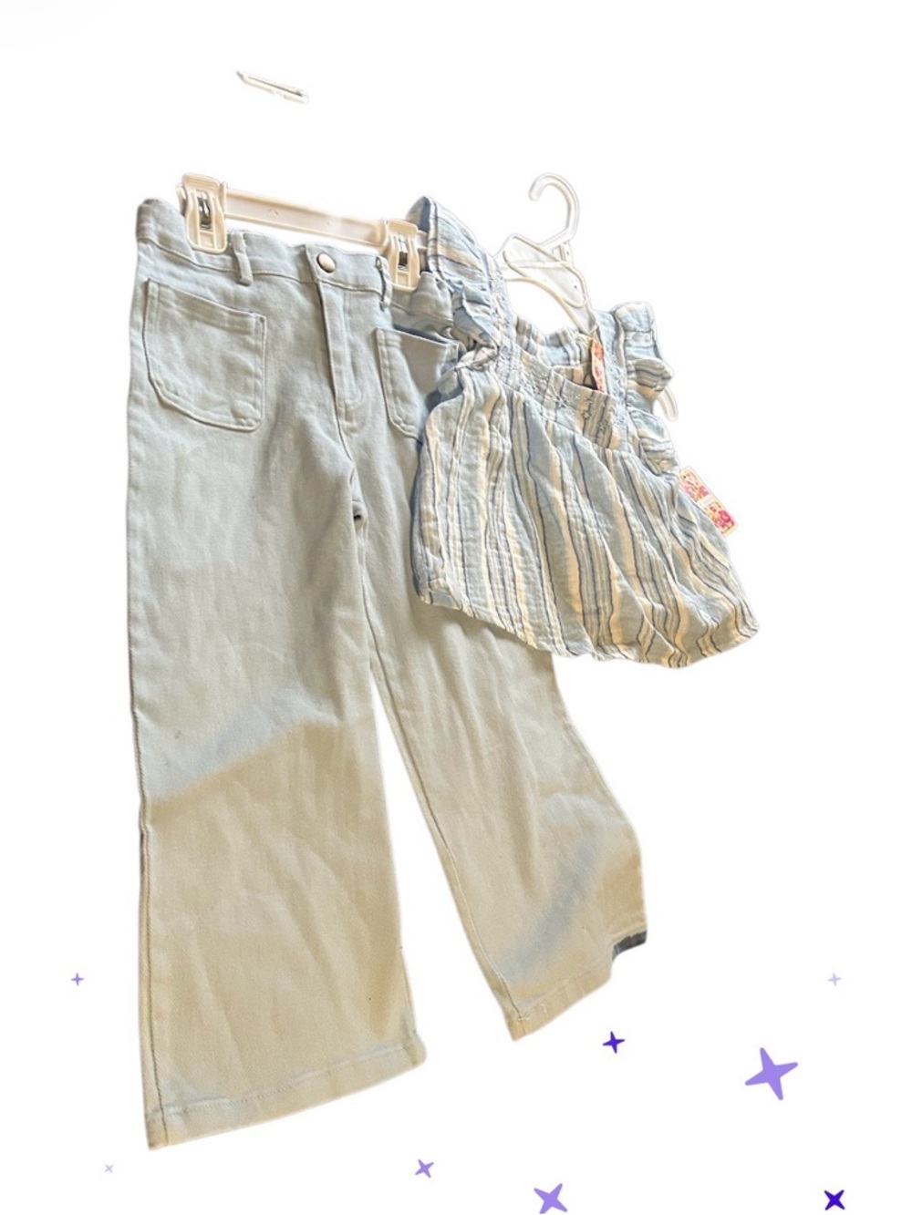 Light Blue Girls' Flared Jeans with Striped Bib Top